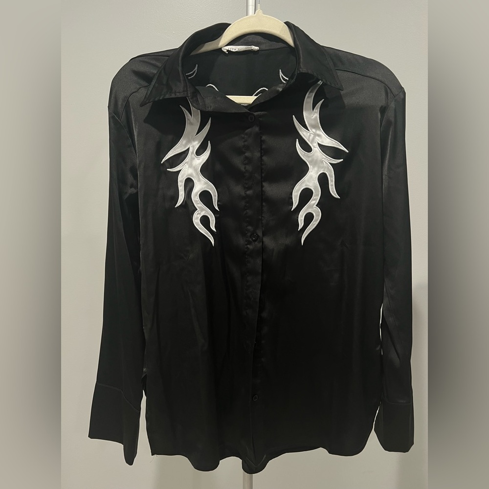 Satin button up shirt with design